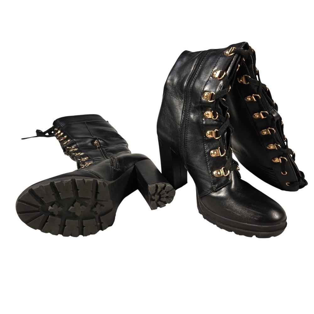 Eliza Womens Black Lace Up Knee High Combat Boots Gold Hardware Block Heel 7.5 - Picture 8 of 13